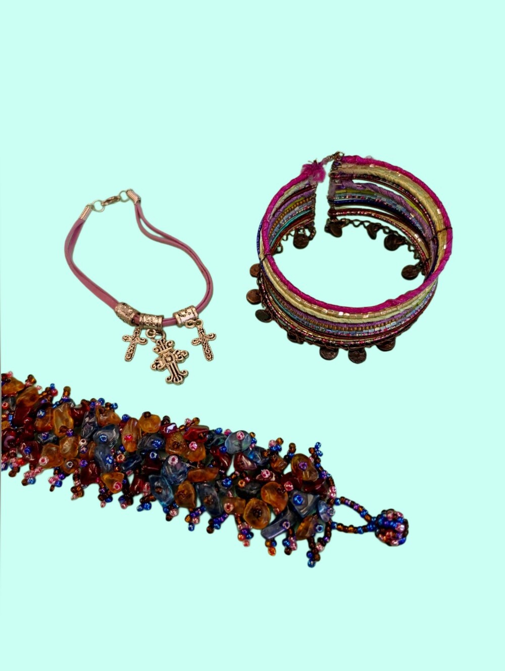 90s Boho Stackable Multicolor Bracelets and Cross Charm Necklace Set